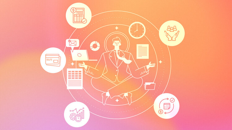 Merchant in centre sitting cross legged in an orange picture with 5 icons floating around him to signify the 5 benefits of ACH payments