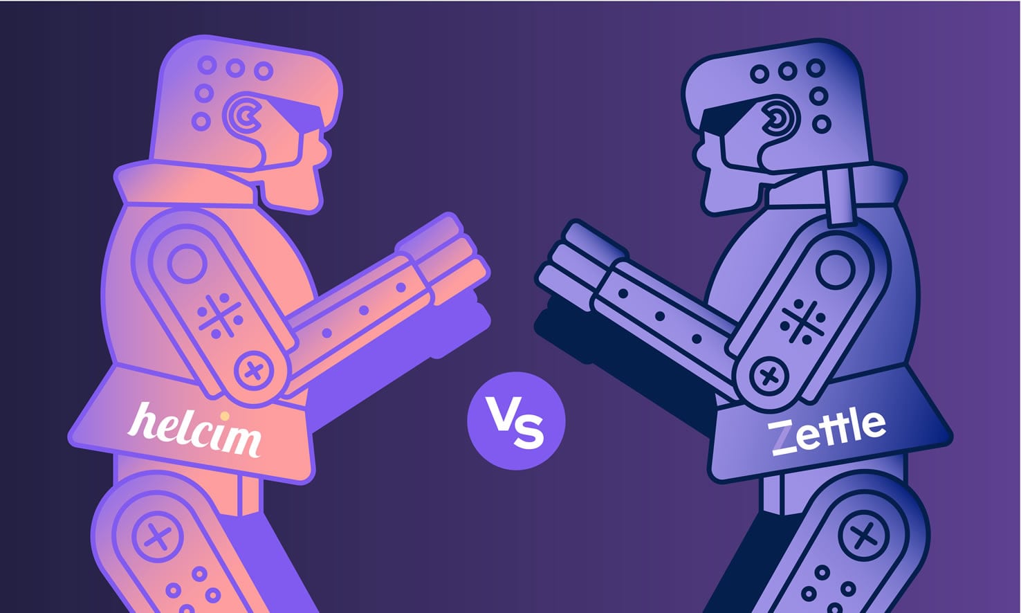 Helcim robot pictures left facing off with PayPal Zettle robot right