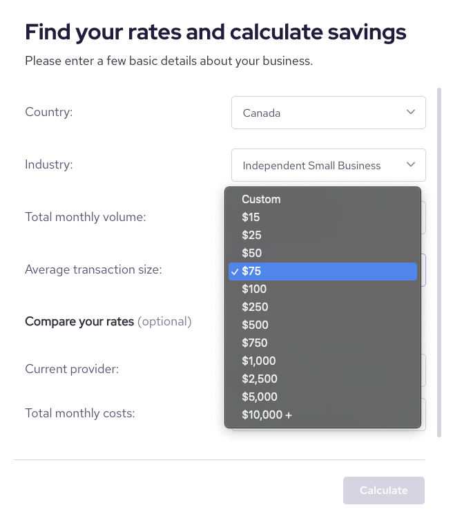 Helcim's rate calculator monthyl volume selection