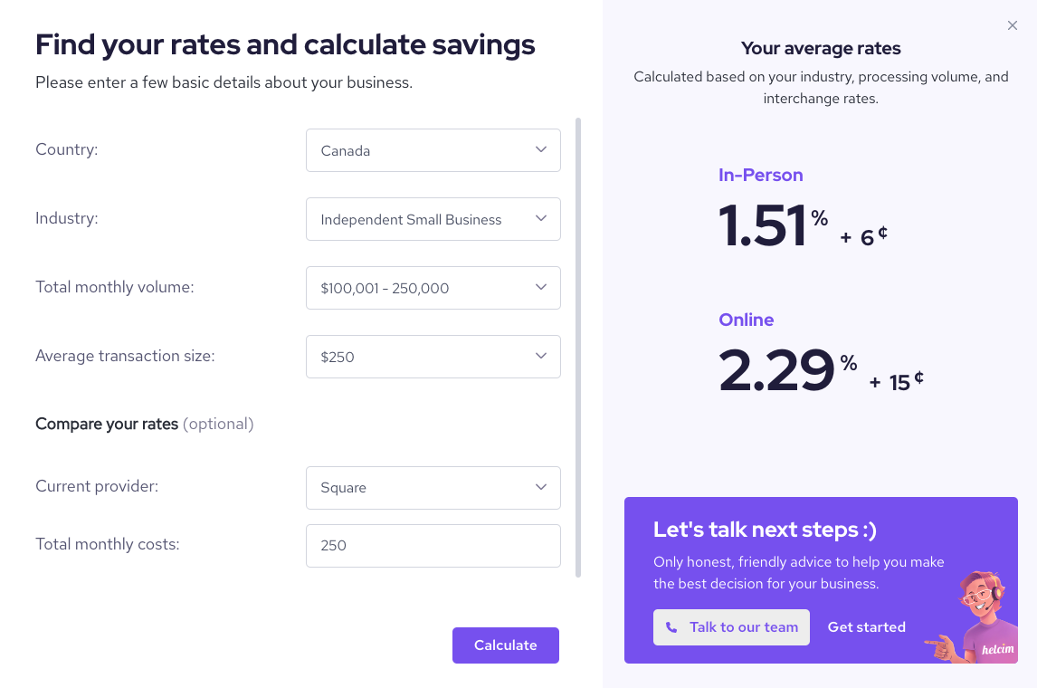 Calculated rates view on Helcim's rate calulator tool