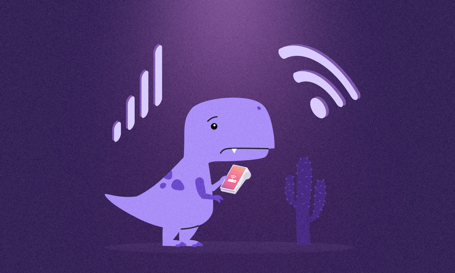Illustrated dinosaur holding a smart terminal POS device