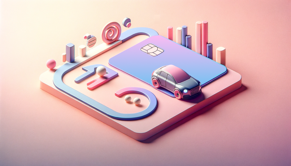 A 3d render of a credit card behind a car