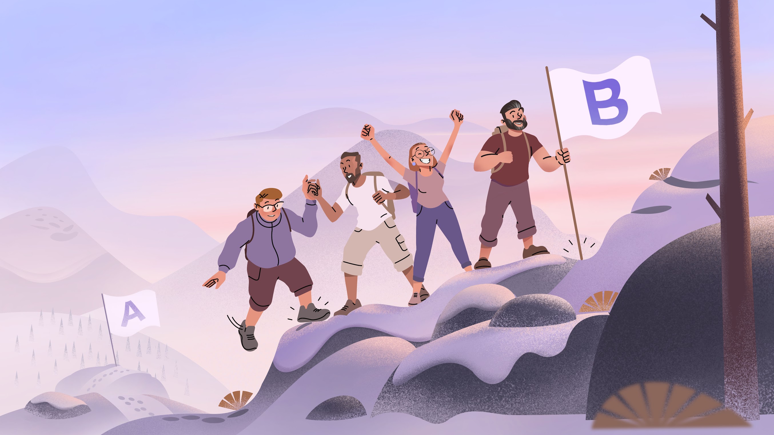 Happy people climbing a mount between a distant A flag and planting a B flag