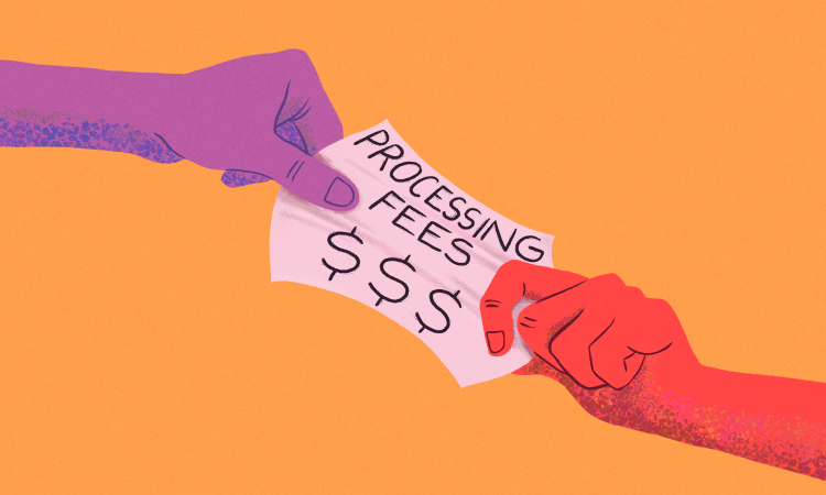 Two hands reaching for the bill which is labelled "processing fees"