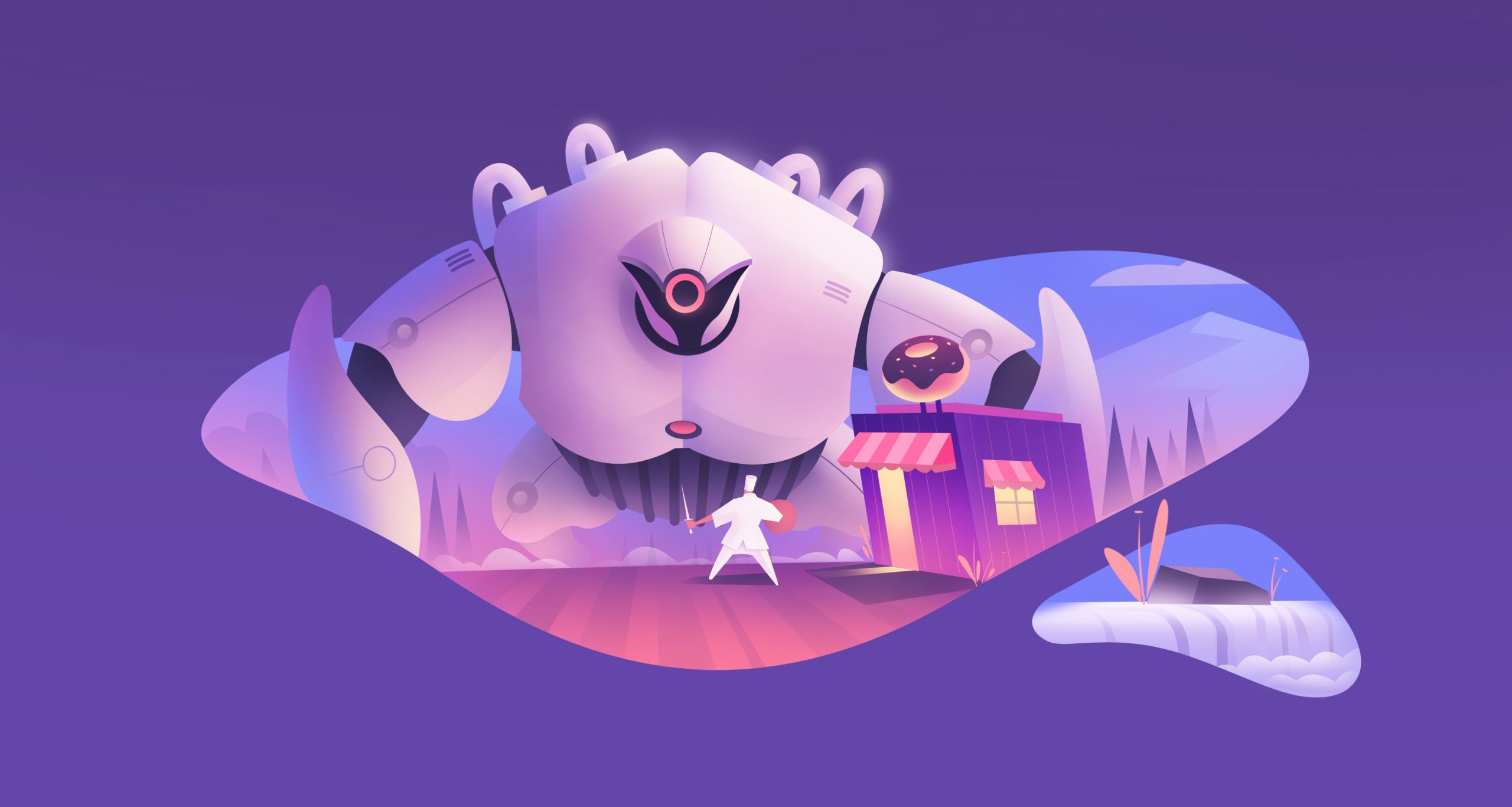 illustration depicting a person defending a business against a cyber attack.