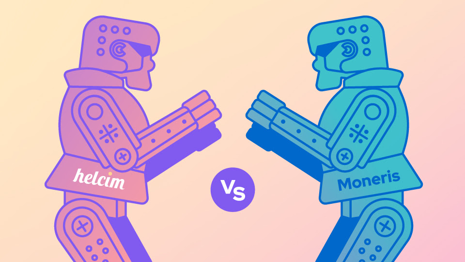 Two robots stand fists up, left one is a purple gradient with Helcim logo and the right one is blue with a Moneris logo. A "VS" symbol in purple is in the middle.