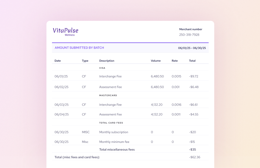 Merchant statement processing fees broken down by card brand