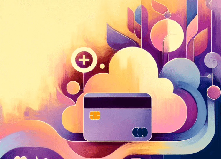 a credit card behind an abstract illustration of a cloud and heart beat