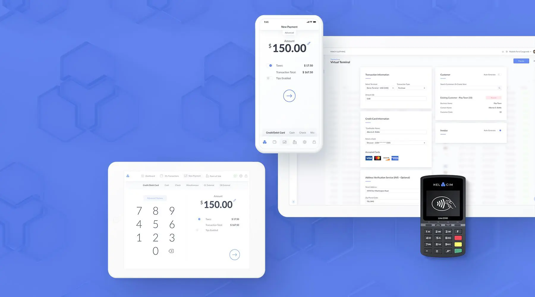 3 mobile devices presenting Helcim's secure POS system features on the screen with an invoice.