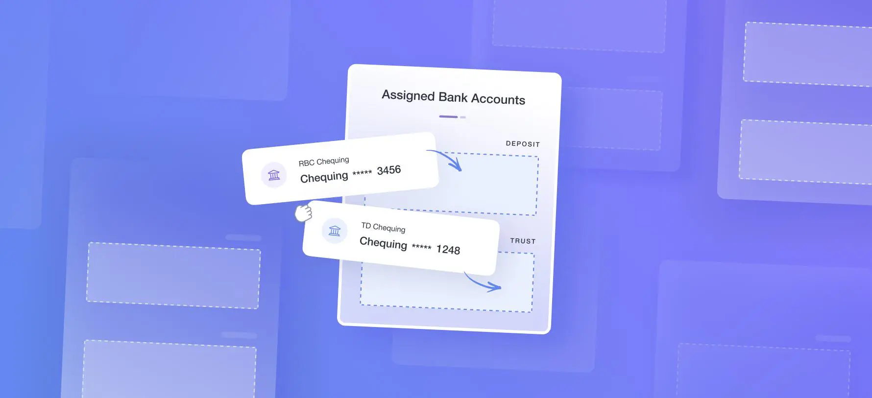 blue background with an image of a tablet screen which shows an account summary of an individual's chequing accounts