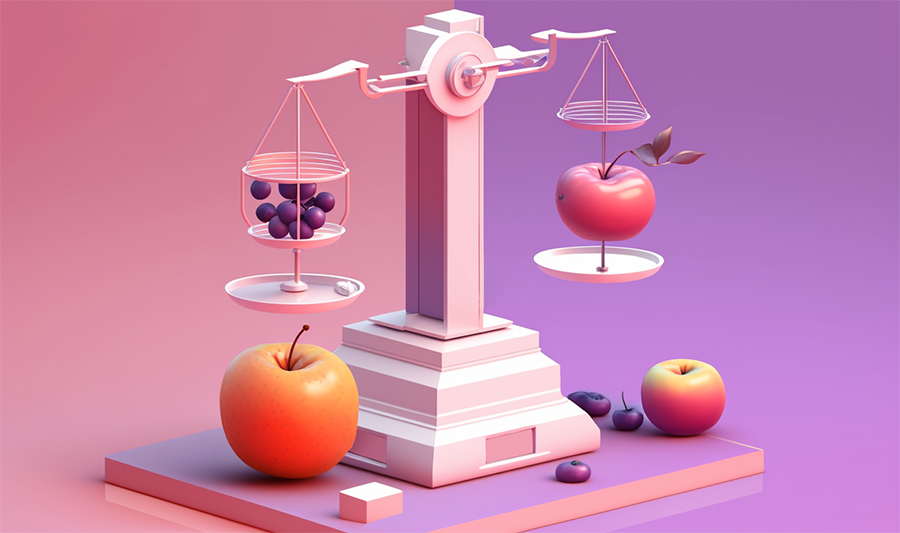 Scaled with pink background on left and purple gradient on left. Grapes and apples are being weighed on scale.