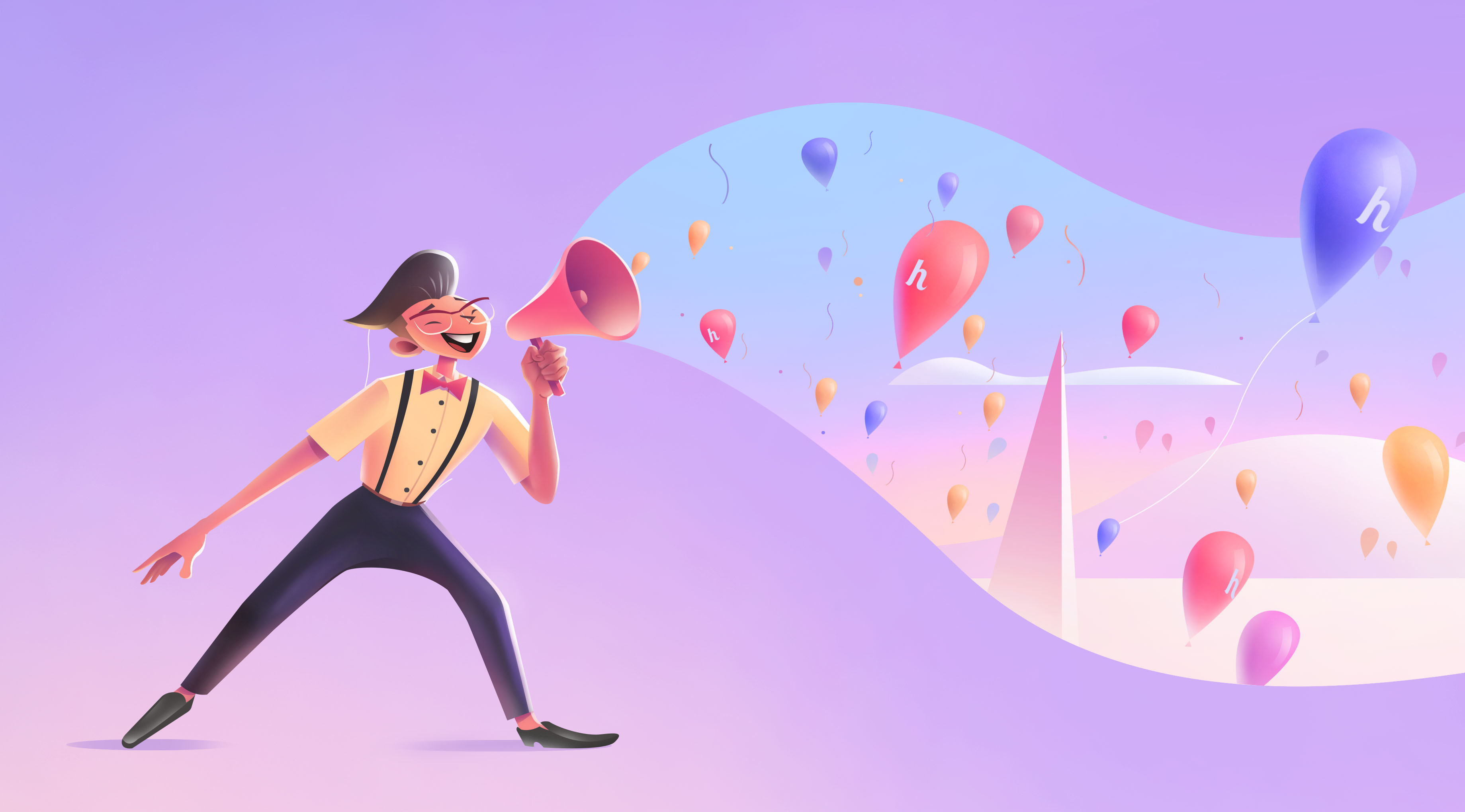 A helcimer shouting through a megaphone displaying helcim branded balloons