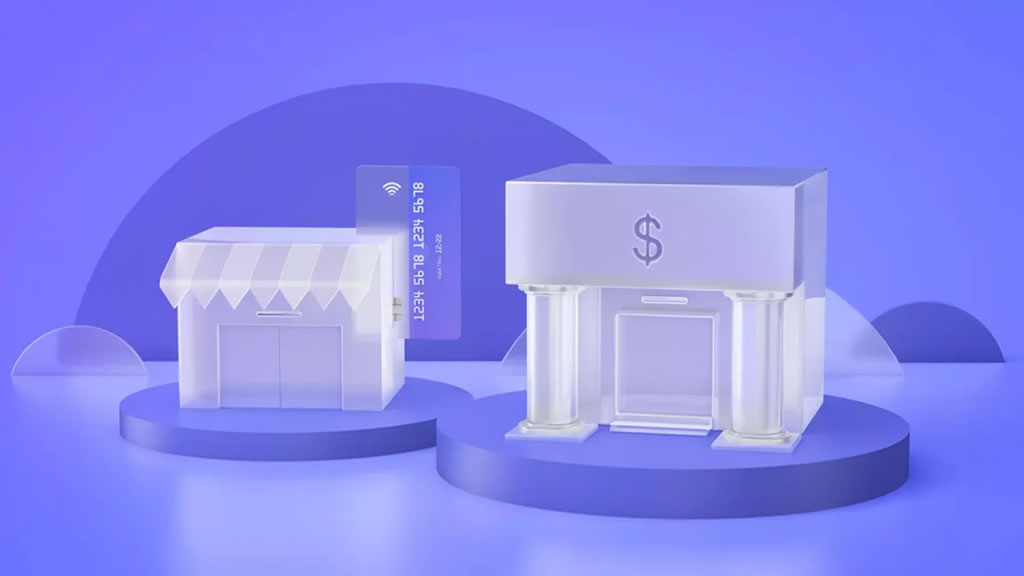 A 3d render of a building accepting a credit card swipe next to a bank