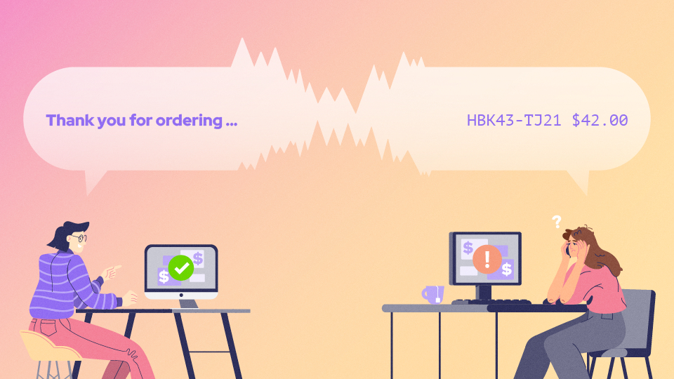 Image depicting two women sat at opposing desks in front of computer monitors with different messages. The one on the left depicts a merchant's screen that says, "thank you for ordering." The character on the right has a screen with an obscure n